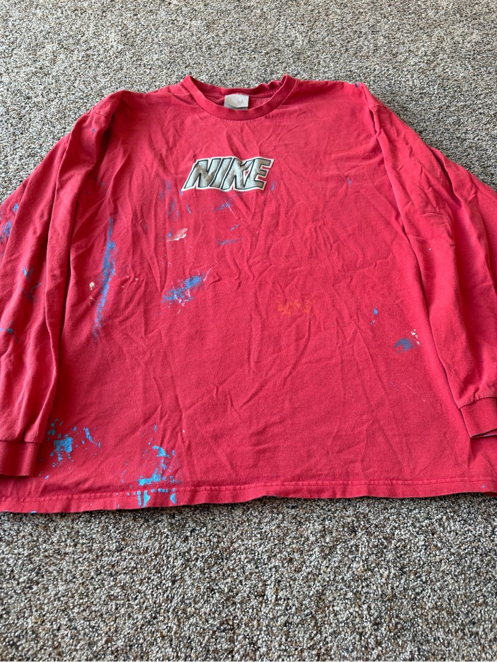 Vintage 90s Nike Red Long Sleeve Embroidered Logo Distressed Paint Shirt